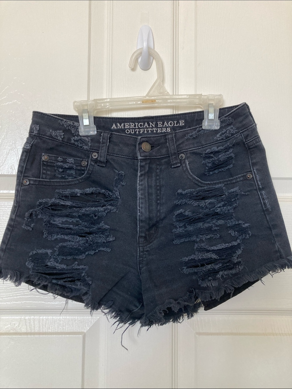 American Eagle Outfitters Black Ripped High-Rise Denim Shorts